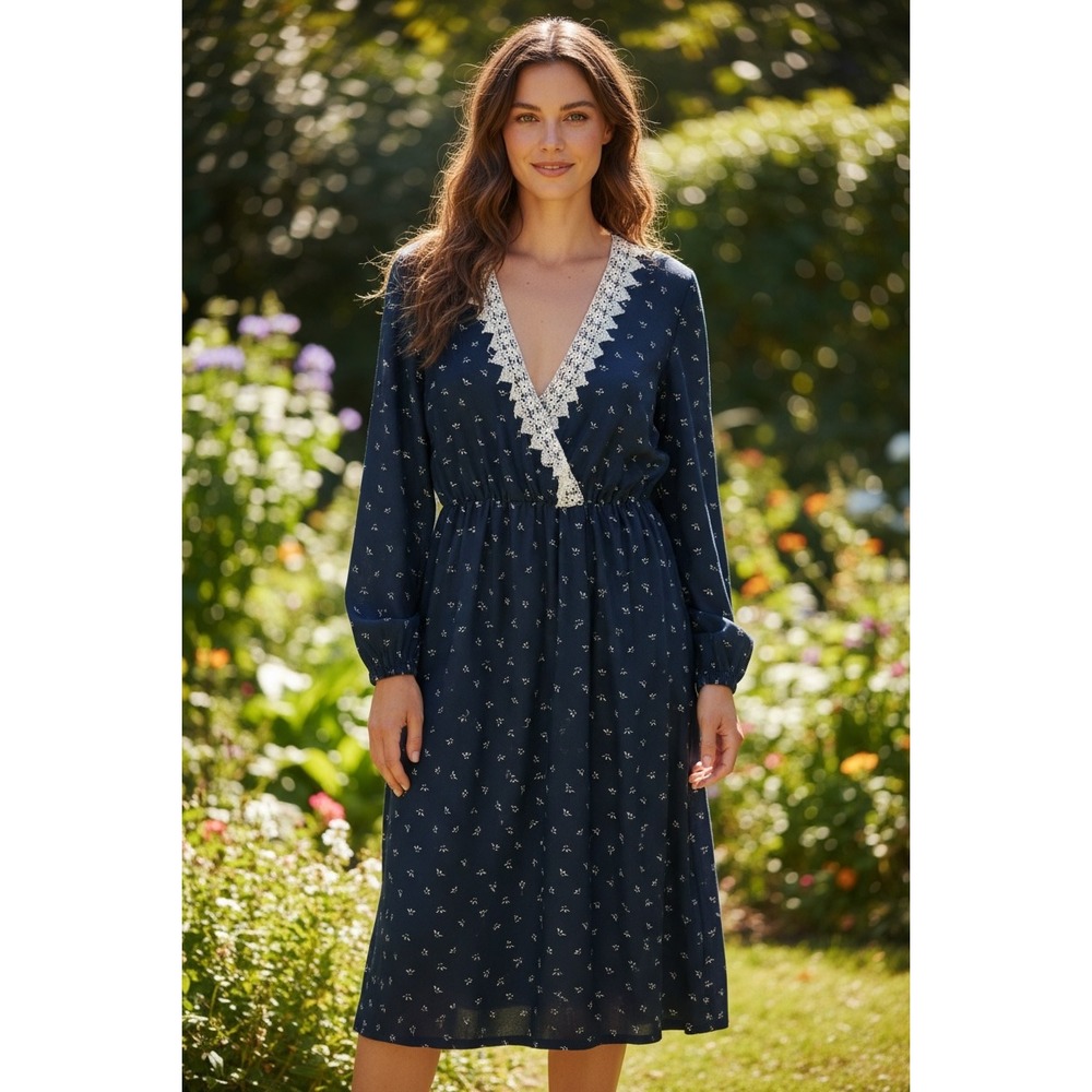 Vintage Anthony Richards Dress Lace Trim 18 Blue Floral Midi L Retro Modest